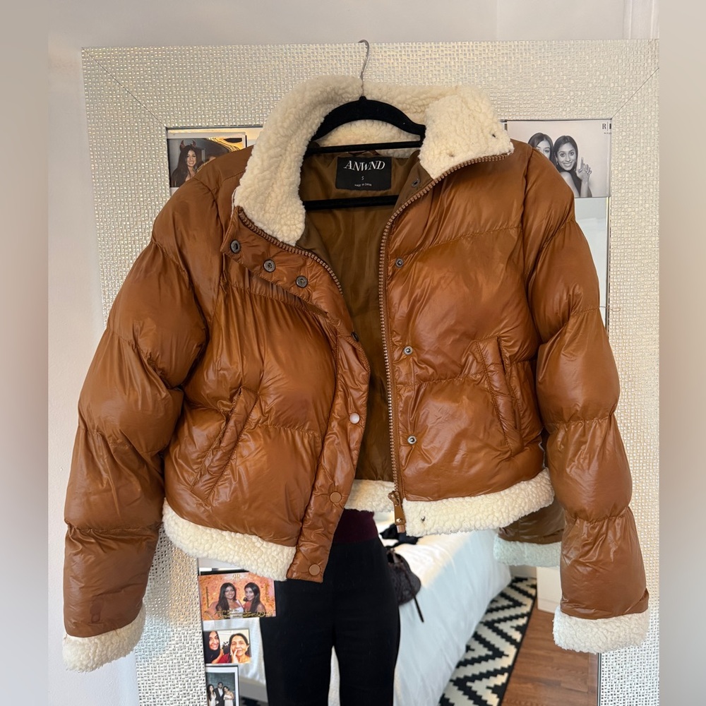 Women's Tan Puffer Jacket with Sherpa Trim